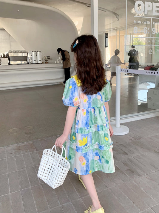 Girls Dress 2023 New Summer Dress Children Korean Version Slim Princess Dress Baby Summer Oil Painting Short-sleeved Skirt