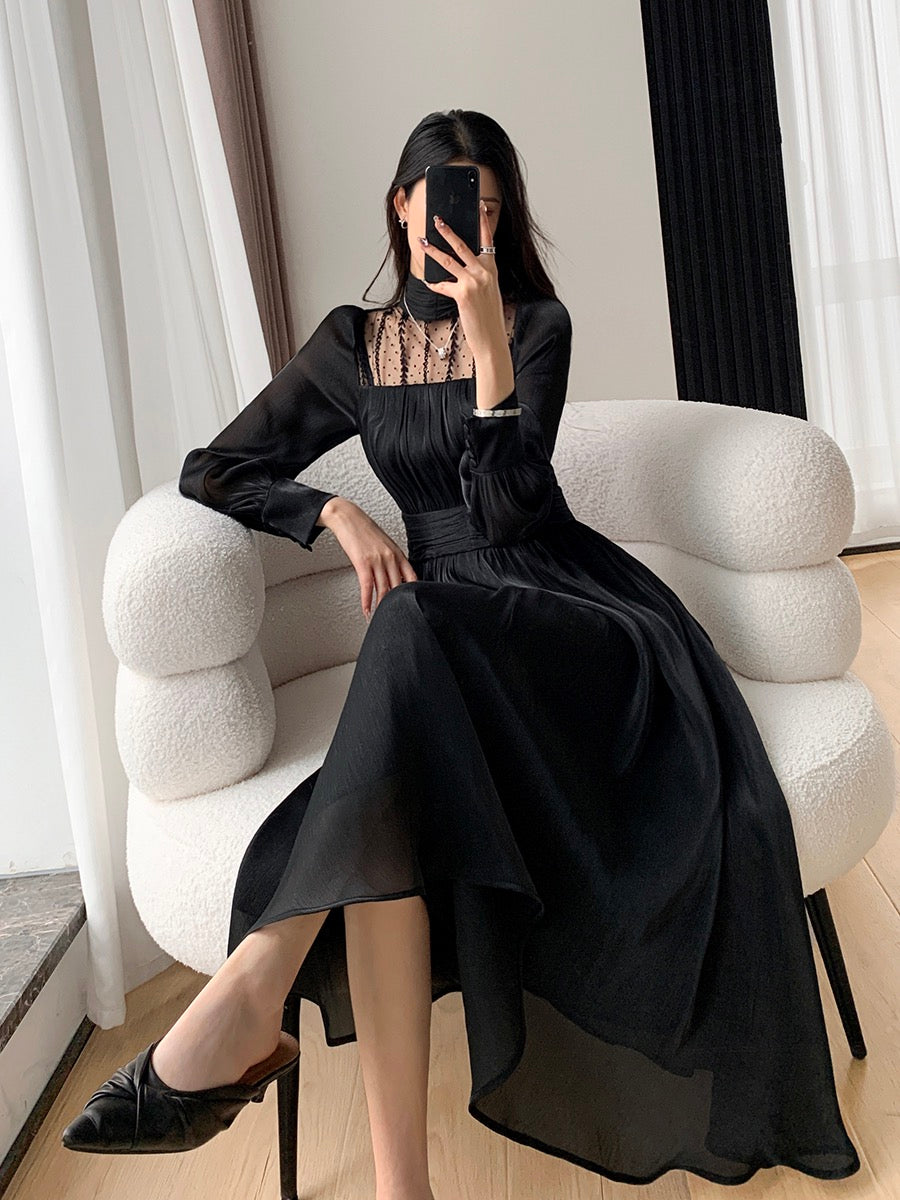 Guoge customized black dress women's 2023 spring new high-end sense waist slimming long-sleeved skirt