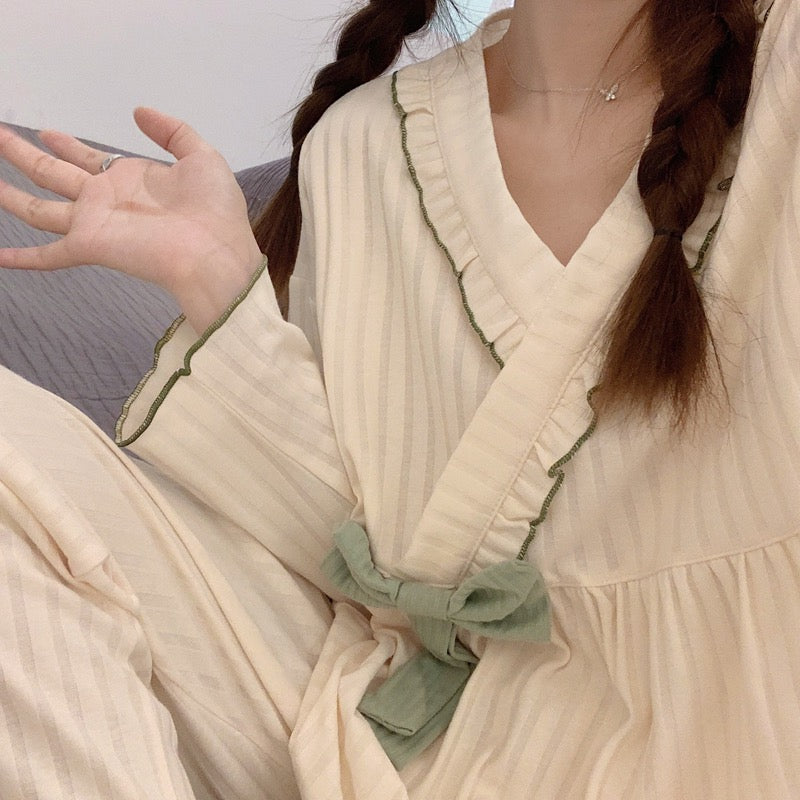 Women's pajamas spring and autumn long-sleeved cotton 2022 new bow tie can be worn outside home service summer casual suit