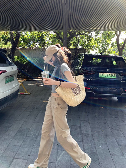 Big moss trendy cool girl personality multi-pocket fashion loose casual all-match straight overalls female spring and autumn