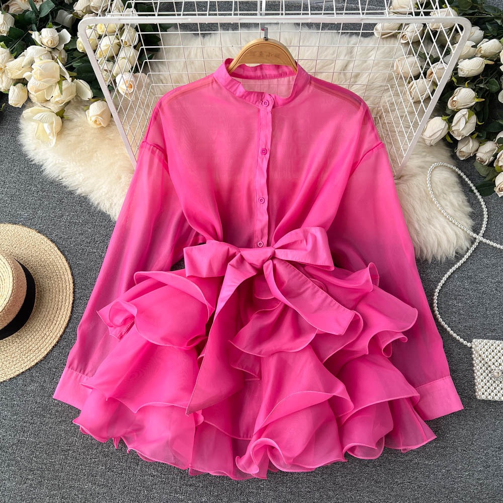 Chiffon Chic Tops Women's Autumn New Ruffles Western Style Advanced Design Sense of Bow Knots Niche Shirts