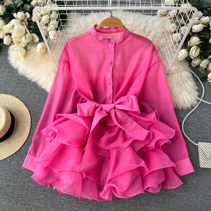 Chiffon Chic Tops Women's Autumn New Ruffles Western Style Advanced Design Sense of Bow Knots Niche Shirts