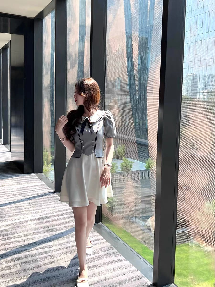 Q girl's family Milan girl/court daughter style pattern fake two-piece design dress summer retro puff sleeves