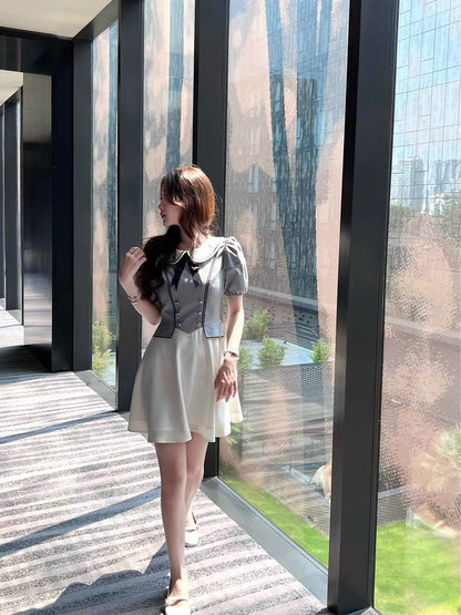 Q girl's family Milan girl/court daughter style pattern fake two-piece design dress summer retro puff sleeves