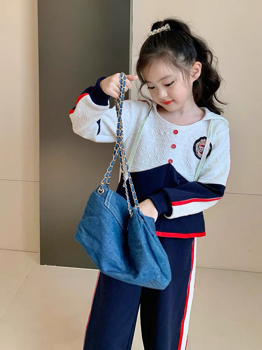 Original Girls Children's Clothing Autumn Casual Sports Suits Children's 2022 New Hooded Tops Wide Leg Pants Two-piece Set