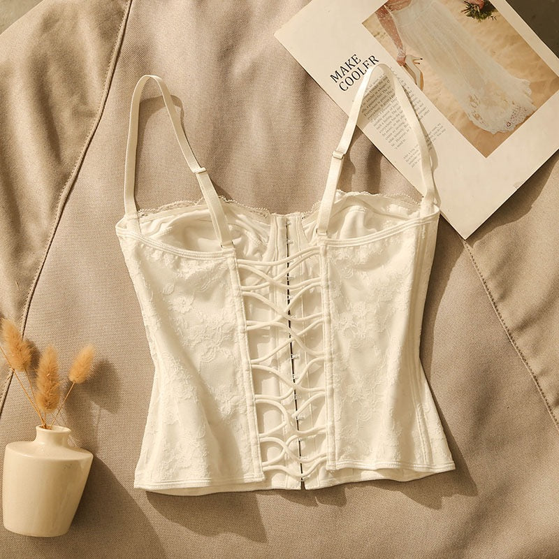 Sexy beautiful back cross camisole women's inner fishbone lace corset slim design short bottoming top