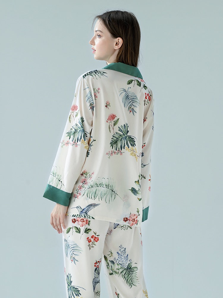 IIZZINI Original Pajamas Women's Spring and Autumn Long-sleeved Ice Silk Chinese Style Yellow Rose Printed Trousers Homewear Set