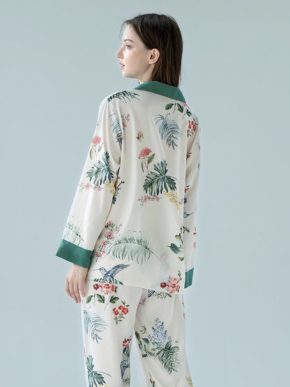 IIZZINI Original Pajamas Women's Spring and Autumn Long-sleeved Ice Silk Chinese Style Yellow Rose Printed Trousers Homewear Set