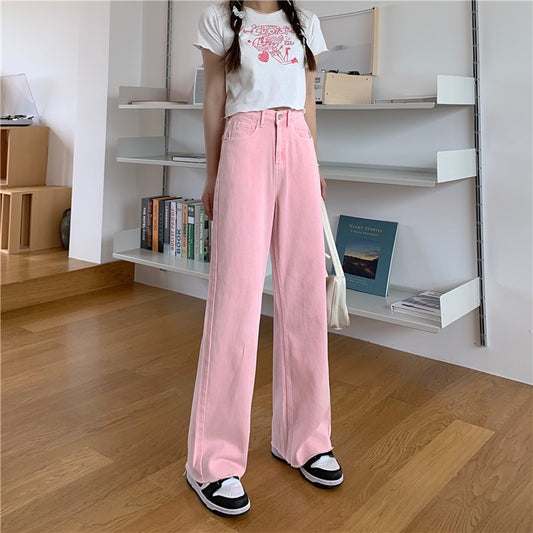 Spring Korean version 2023 new slimming high waist slimming fashion age-reducing pink embroidery wide-leg pants denim trousers women