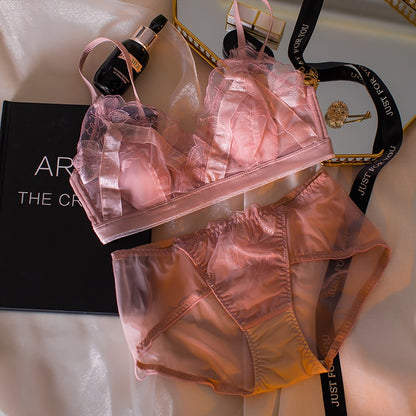 Underwear women's big breasts look small and thin French super fairy lace mesh ultra-thin rabbit ear cup no bump no steel ring bra