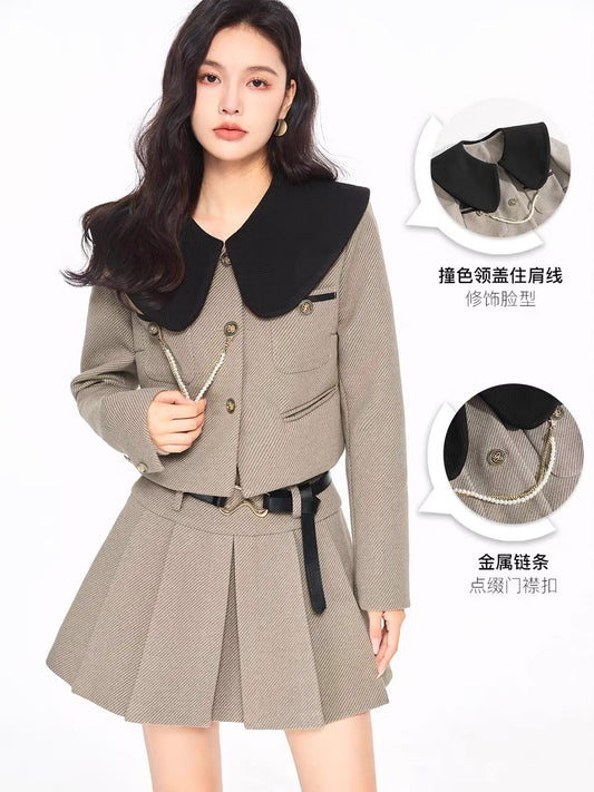 Fantu contrast color suit pleated skirt suit female 2022 autumn new high waist age-reducing college style two-piece suit