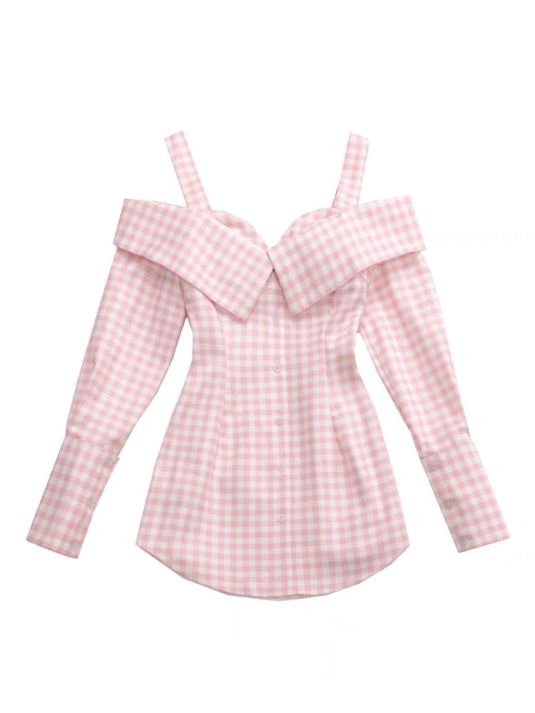 Le palais vintage original retro sweet and spicy style pink plaid slim fit pure desire fake two-piece dress