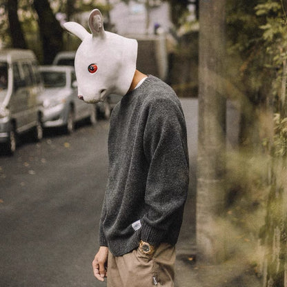 Rabbit Xiansen Spring and Autumn Solid Color Round Neck Sweater Men's Loose Japanese Trendy Retro All-Match Casual Long-sleeved Knitwear