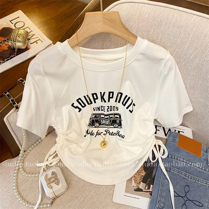 Double drawstring waist slimming foreign style printed short-sleeved T-shirt women's 2023 summer new sweet waistless beautiful top