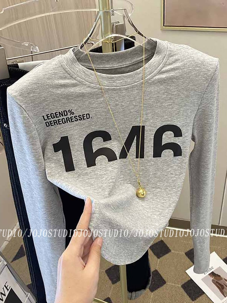 Western style all-match shoulder pads long-sleeved bottoming shirt women 2023 spring and autumn new design sense print plus thin velvet T-shirt top