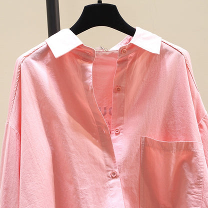 Pink mid-length cotton shirt women 2023 spring new Korean version Korean design sense shirt chic top coat