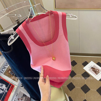 Chic halter top 2023 new ins girls sleeveless pink knitted vest for women's summer