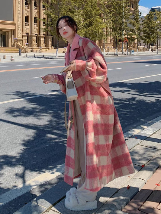 Pink plaid imitation cashmere woolen coat women's autumn and winter long knee-length 2022 new loose and gentle woolen coat