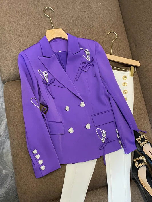 New foreign trade European goods high-end suit purple heart-shaped diamond loose French suit jacket female 6591 long-sleeved