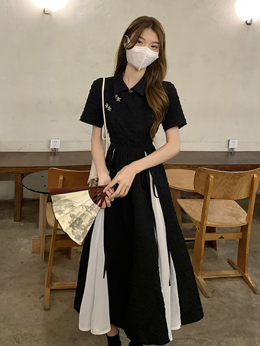 Chinese-style improved cheongsam dress women's autumn 2022 new high-end design sense waist short-sleeved mid-length skirt