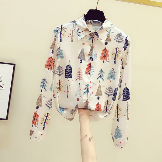 2022 early autumn new Korean version of the all-match foreign style shirt women's fashion temperament printed chiffon design sense niche top