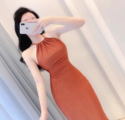 Long large open back temperament halter neck waist temperament dress
