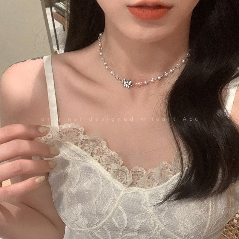 Pearl crystal butterfly necklace women's summer light luxury niche design sense advanced clavicle chain choker neck necklace necklace