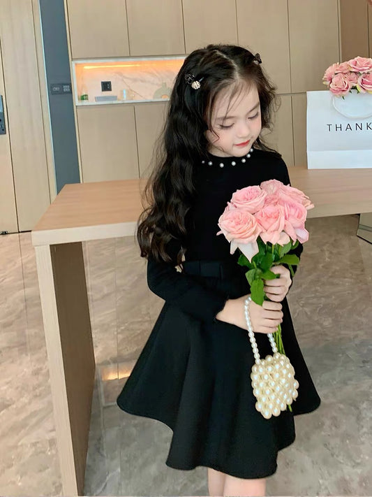 Original girl celebrity style black beaded dress 2022 autumn new children's little girl princess dress Western style