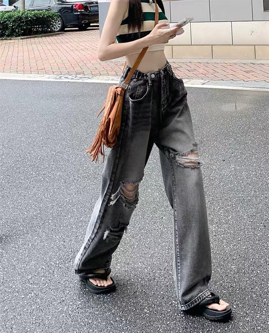 1113 kumikumi retro washed ripped jeans wide-leg pants women's summer high-waisted straight-leg pants mopping pants long pants