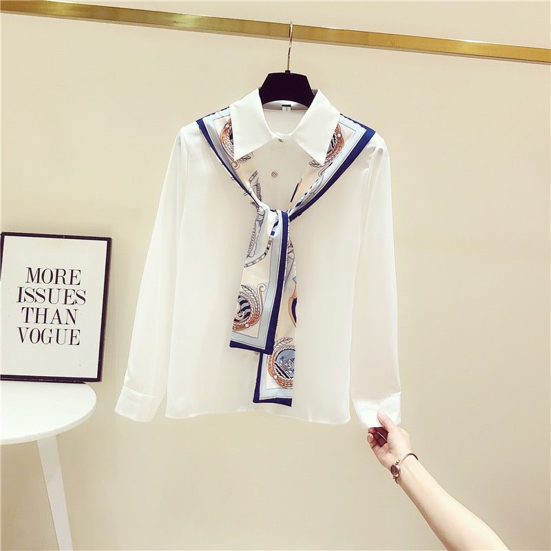 White shirt women's design sense niche 2022 early autumn new French chic high-quality streamer chiffon top trend