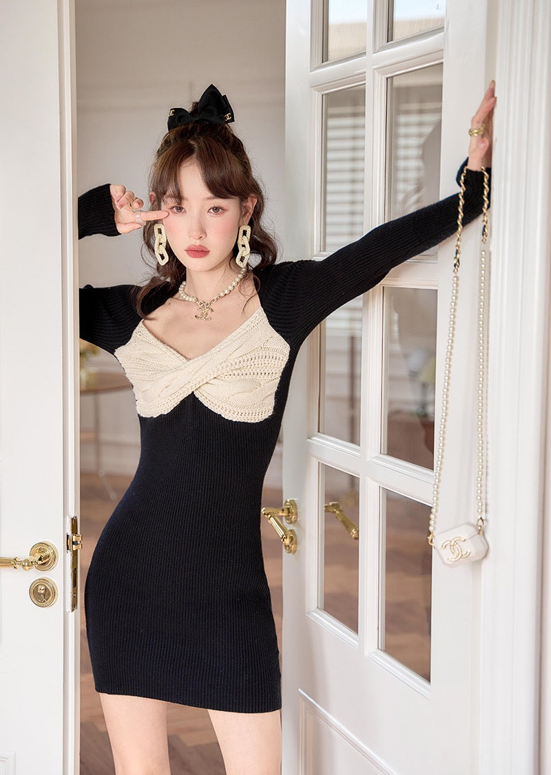 Toba square collar tube top hot girl black knitted dress female early spring and autumn birthday party dating evening dress skirt