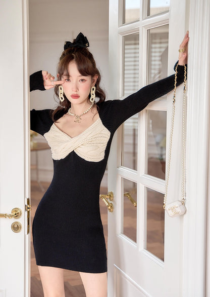 Toba square collar tube top hot girl black knitted dress female early spring and autumn birthday party dating evening dress skirt