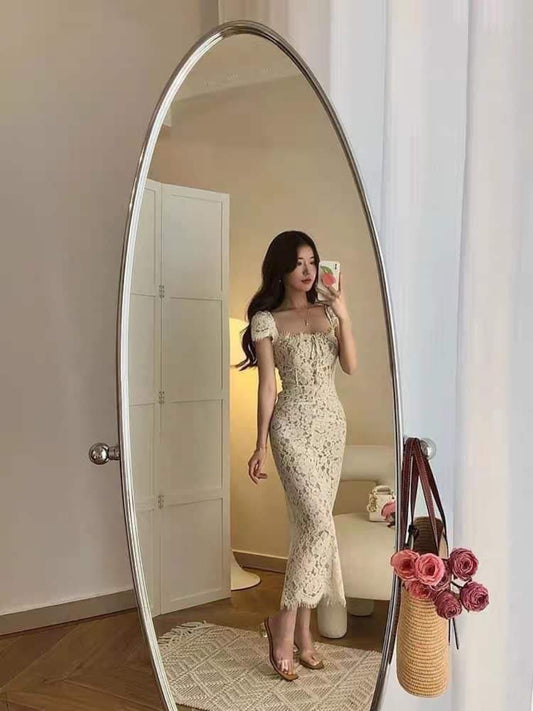 French style high-end sense square collar dress female summer temperament slim waist pure desire wind tea break skirt lace long skirt female
