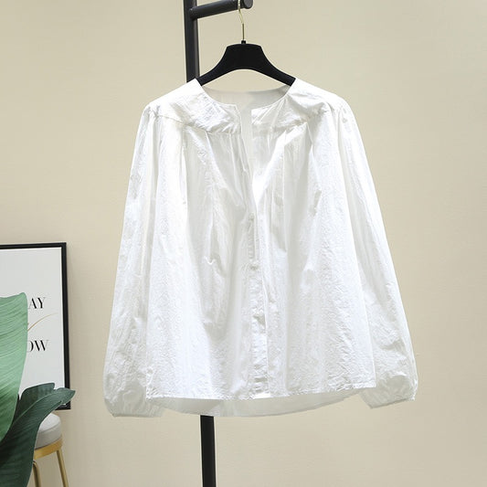 Design sense niche round neck white shirt women's 2023 spring and autumn new age-reducing all-match lantern sleeve shirt top