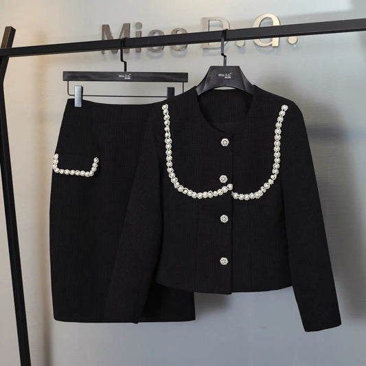 Miss DG small fragrance suit autumn new heavy industry beaded tweed jacket slim little black dress two-piece set 1703