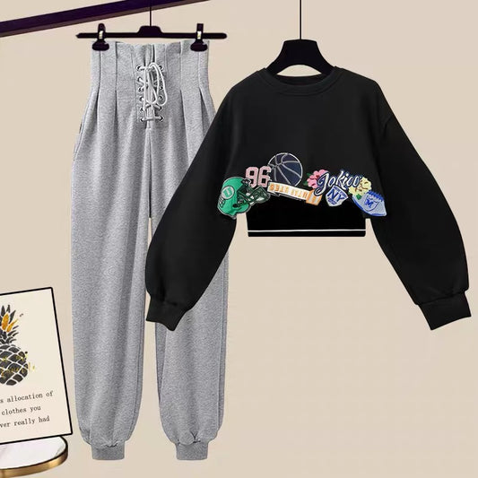 Autumn female hot girl suit small autumn dress with a complete set of high-end Hong Kong style sweater casual pants two-piece set
