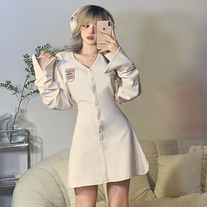 #Sisjuly# American sweet cool girly style vibe single-breasted pleated waist V-neck letter label dress female