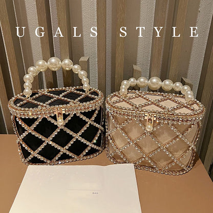 UGALS Rhombus French Retro Metal Shiny Diamond Vegetable Basket Bag Dinner Rhinestone Hand Messenger Bag
