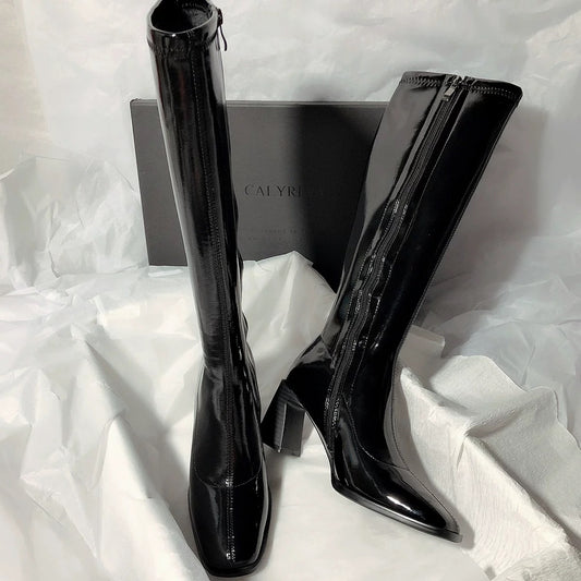 Senyu Haixiang Giant textured leather high-heeled pointed toe retro knee-high boots knight handsome high boots women G1112