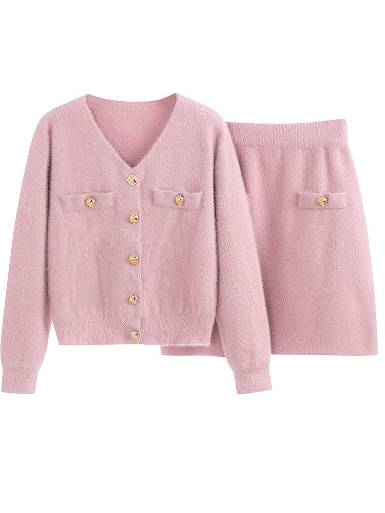 RMOJUL celebrity Xiaoxiang style imitation mink fur V-neck knitted cardigan jacket + A-line skirt fashion suit Luojia