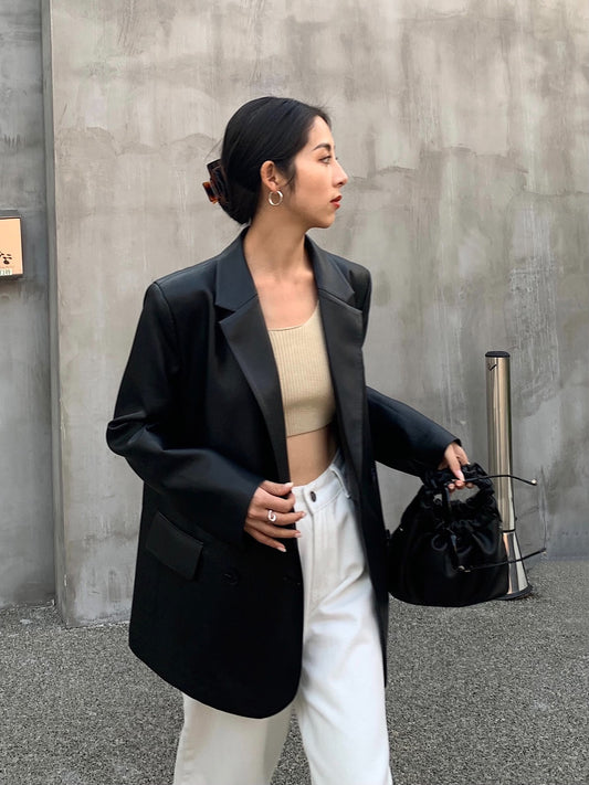 NEVA HU black suit leather jacket female 2023 new PU leather high-end fried street loose casual suit