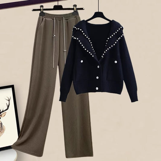 Lazy college style autumn and winter wear retro beaded navy collar long-sleeved sweater cardigan pants suit women's two-piece suit