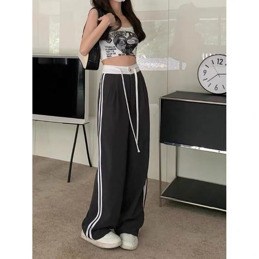 American retro high-waisted thin wide-leg casual pants women's loose leggings sports pants sweat pants summer straight pants