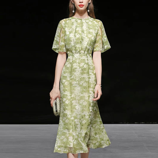 Printed chiffon long skirt temperament waist waist short-sleeved thin mid-length dress women's summer dress 2022 new