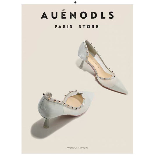 AUENODLS leather French light green mesh rivet toe head sandals temperament side air breathable pointed high heels