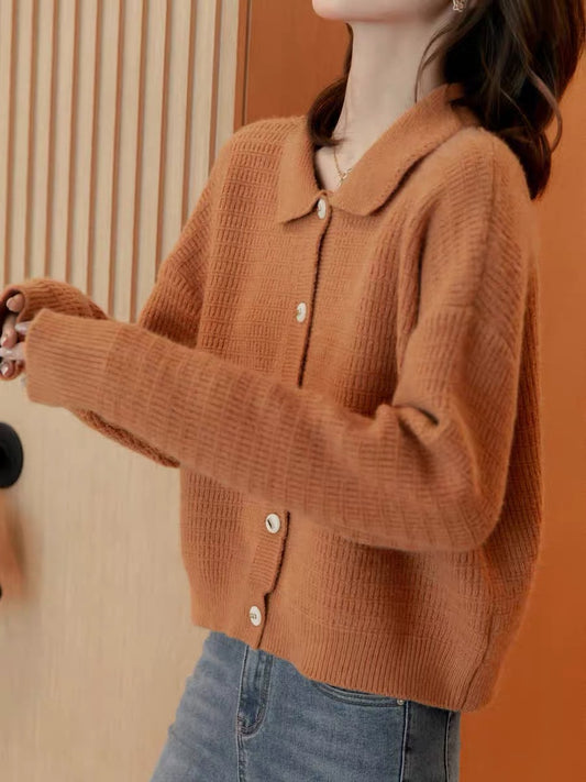 Small grain design sense lapel knitted sweater women's 2022 early autumn new slim fit and thin solid color short top