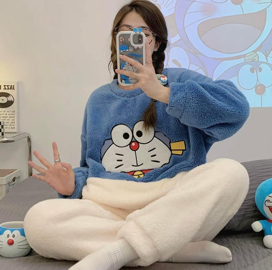 2022 new coral fleece pajamas women's autumn and winter thickened cute cartoon flannel home clothes casual suit winter