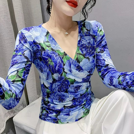 Fashionable western style cross V-neck printed long-sleeved T-shirt women's European station 2022 autumn new retro mesh top trend