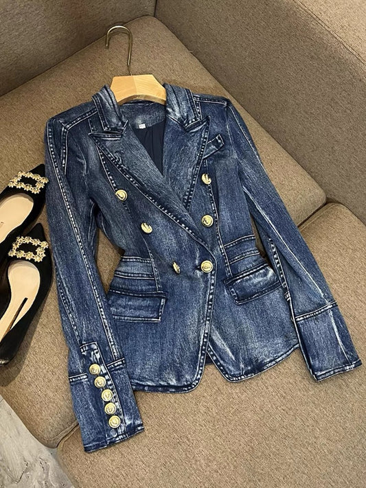 Blue suit jacket women's top one-piece small casual denim short high-end couture suit 6661