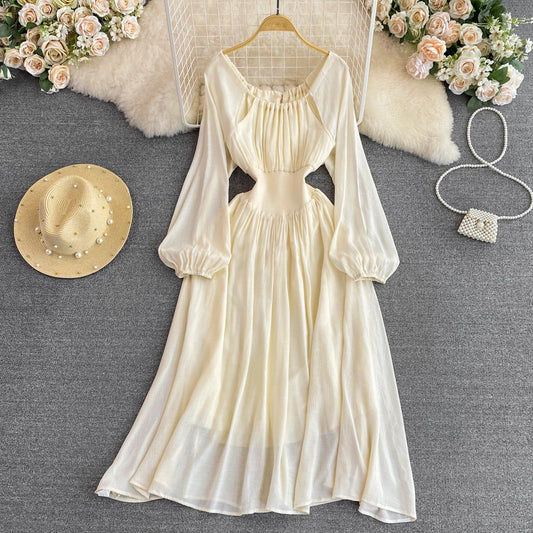 Pure desire style sweet first love dating fairy long dress spring and autumn round neck waist slimming A-line big swing dress female